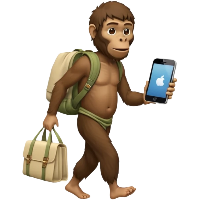 Draw an Australopithecus walking like a nomad, carrying a cloth bundle on its back, holding an iPhone in one hand and an open laptop with the screen visible in the other hand, in a cute flat iPhone emoji style. emoji