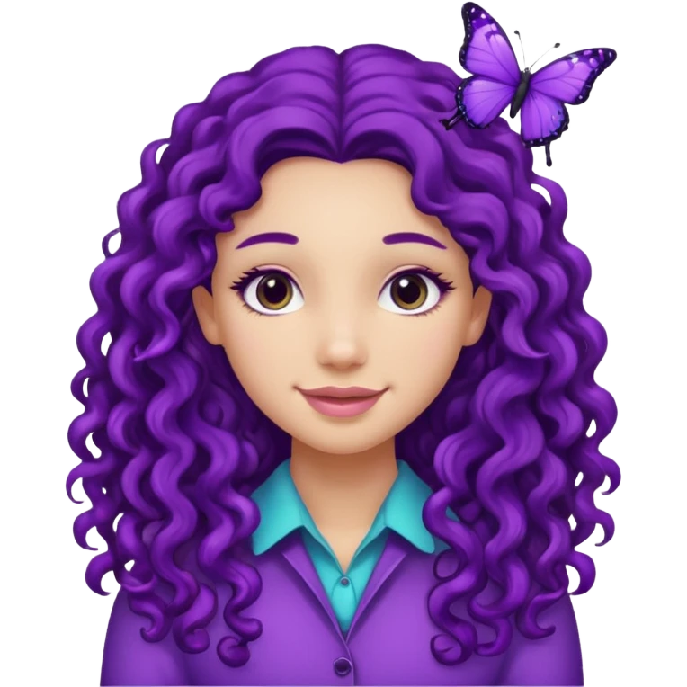 Girl with dimples and long curly hair that has a purple bitterfly pin in it emoji