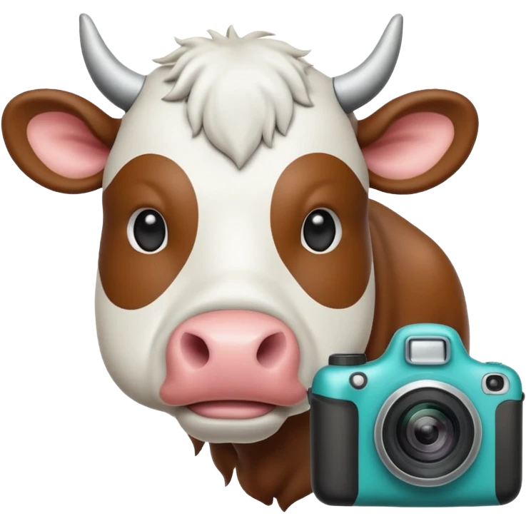 Emoji-style icon of a cow and buffalo with a camera or scan frame, representing image upload for breed detection. Simple, friendly, rounded design, clear at small sizes, teal and white accents, no text, transparent background. emoji