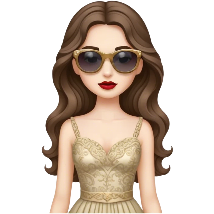 a pale brunette girl with elaborate makeup and dress, long wavy hair, wearing sunglasses, confident emoji