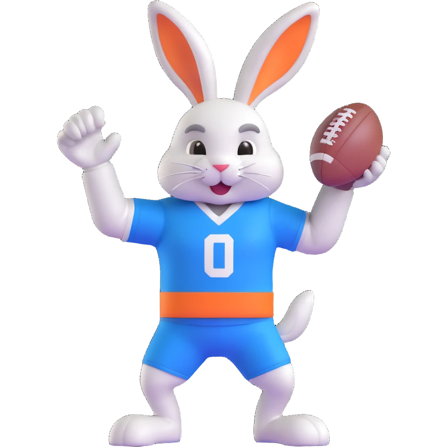 bunny mascot wearing a blue football jersey, flexing emoji