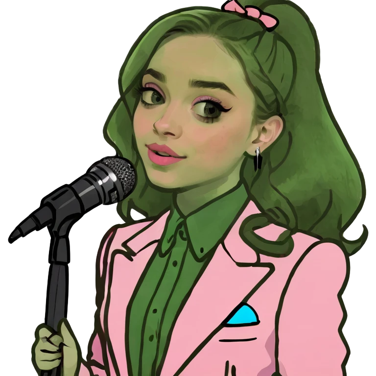 Sabrina Carpenter in a fancy pink outfit with a microphone emoji