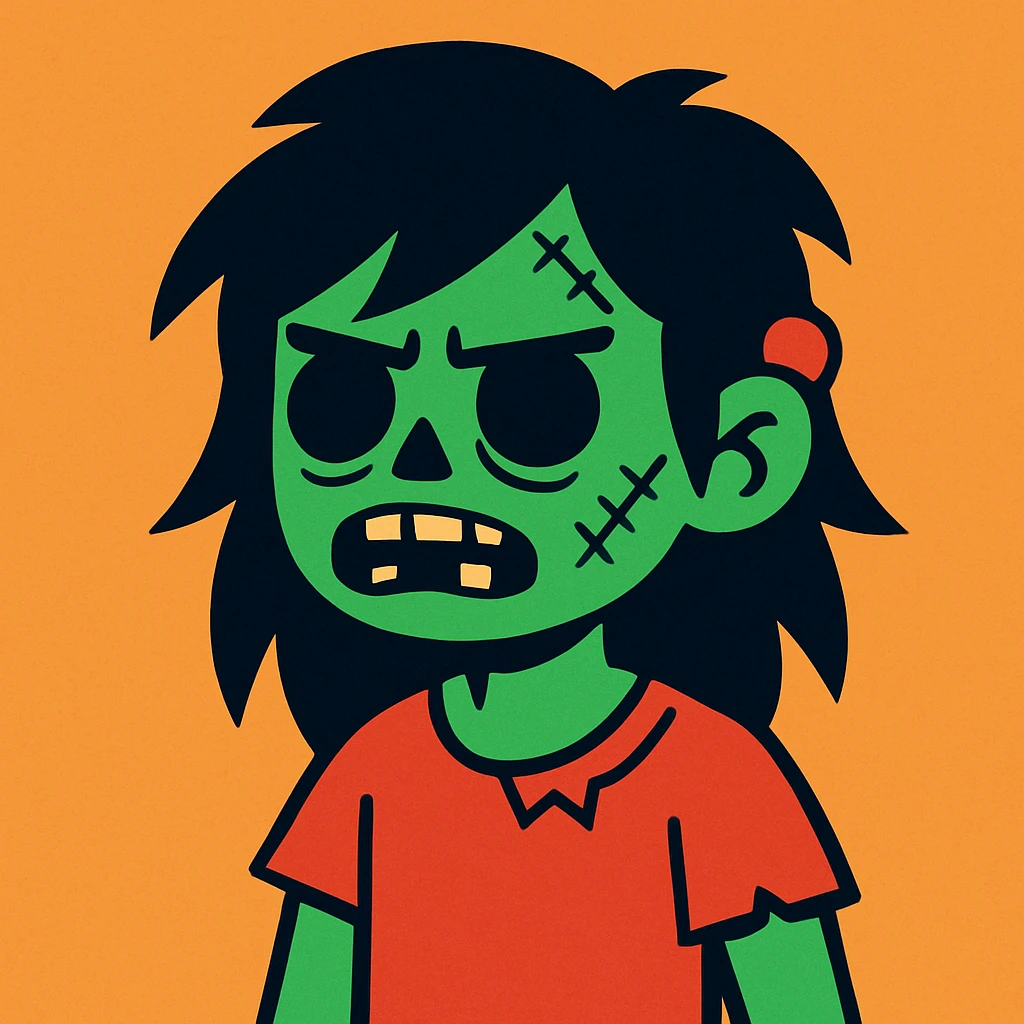 boy zombie with long black wolf cut hair, cartoon style emoji