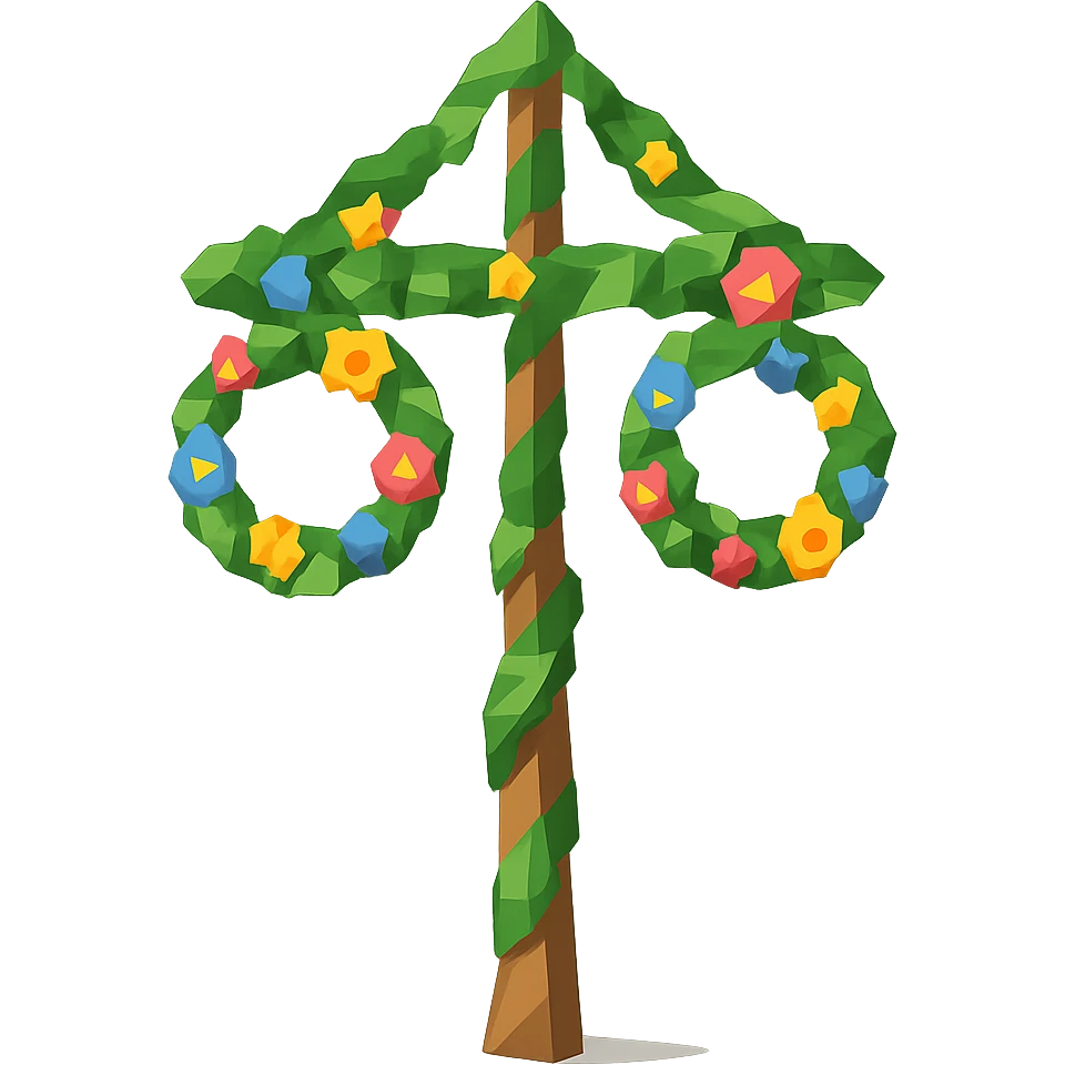 midsommarstång (Swedish maypole) decorated with green leaves and colorful flowers, standing upright with two floral wreaths hanging from the crossbar, festive and cheerful, clean modern illustration style emoji
