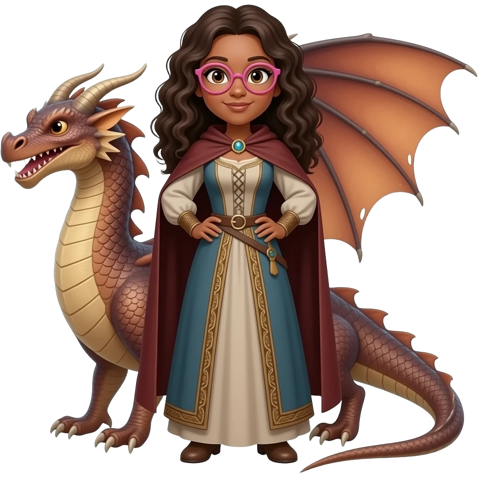 A curvy tan skinned woman with long curly hair and pink glasses, wearing a medieval dress and cape, hands behind her, standing with dragon emoji