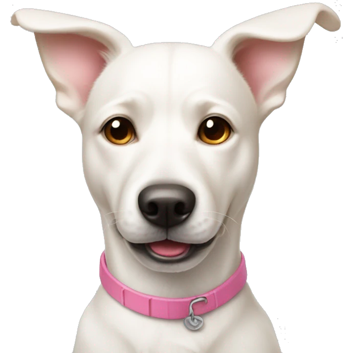 White dog with tan colored ears and a pink nose emoji