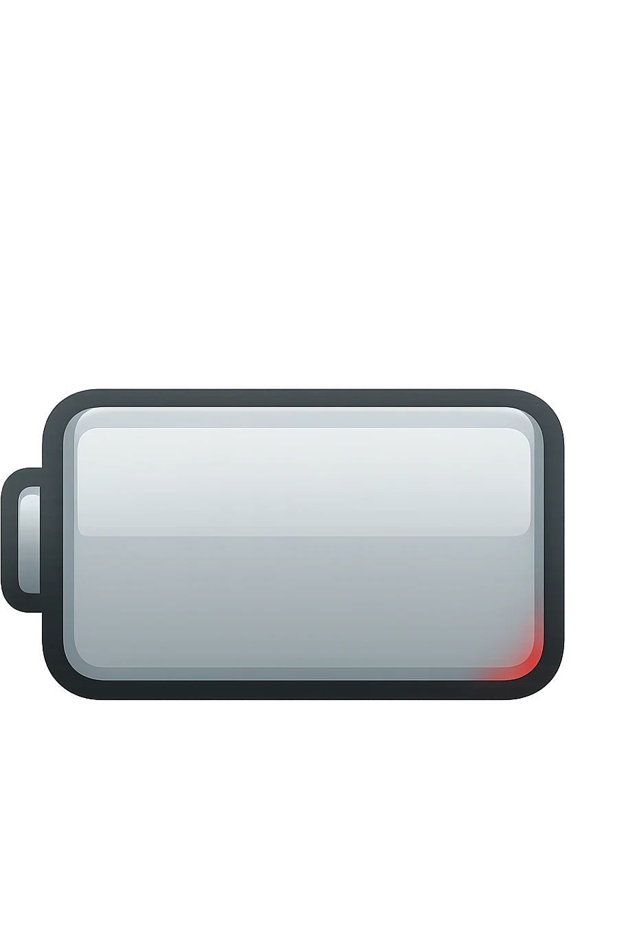 iPhone-style emoji of a battery that is almost empty, with a small red bar at the end indicating low energy. Clean, minimal, glossy look, transparent background. emoji