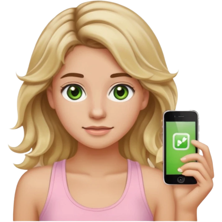 ca you make her hair a 20-year-old girl with long wavy hair brown roots blonde highlights green eyes brown eyebrows good summer tan iPhone emoji style with light pink tank top can you make her hair a little longer please emoji