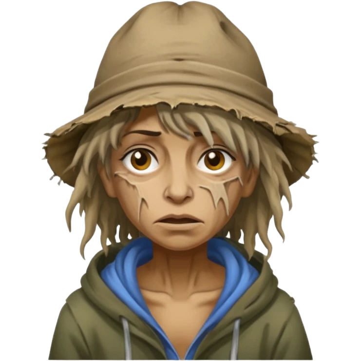 very dirty looking homeless woman with ripped hat and face with ugly hair emoji