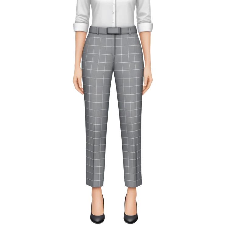 gray dress pants with white grid pattern, plaid check pattern, formal tailored trousers with cuffed hem, for petite women, isolated garment only, no model emoji
