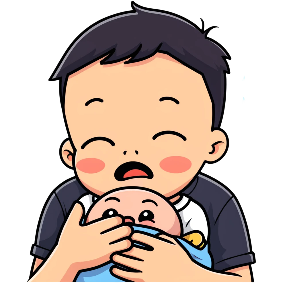 Man crying holding baby crying emoji