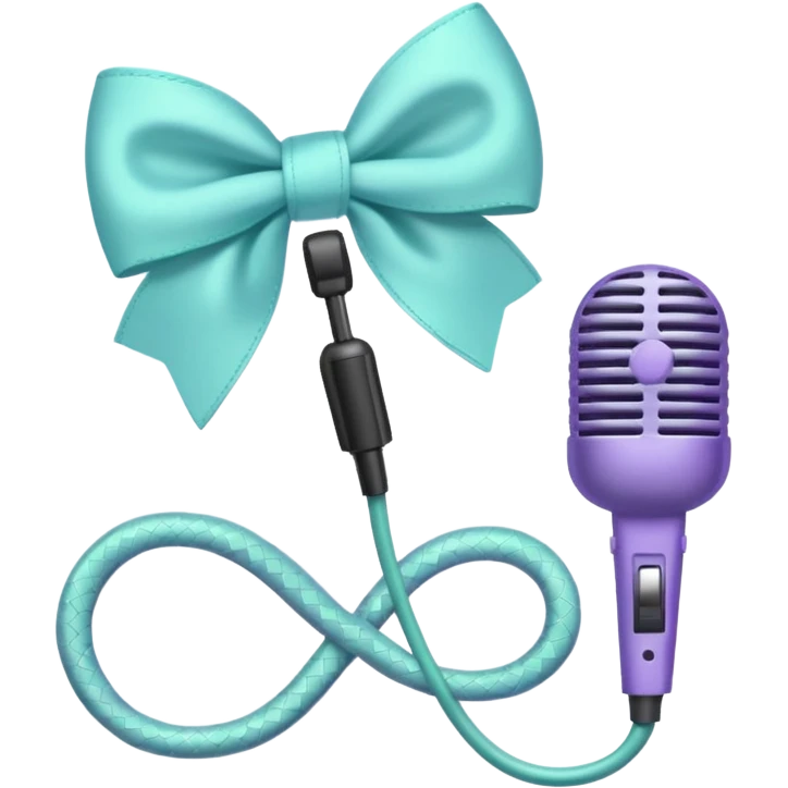 A pastel blue bow with a pastel a pastel green snake at the top of one side and a pastel purple microphone on the bottom of the other side of the bow emoji
