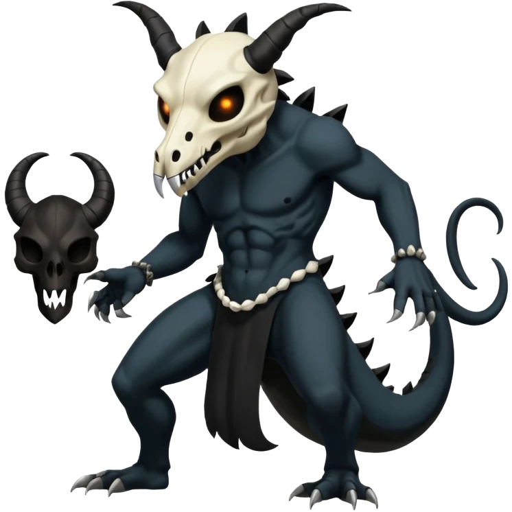 Shiny Dark Edgy  Duskull-Salandit-Inteleon-Amaura-Fakémon-hybrid-creature (full body) with a horned animal-skull-mask emoji