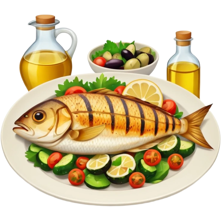 plate with fish, vegetables, and olive oil bottle emoji