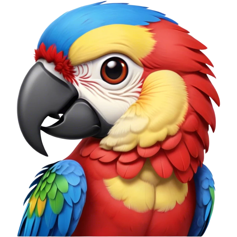 Cinematic Realistic Cute Macaw Portrait Emoji, Head tilted playfully and inquisitively, featuring a compact, lively build with intricately detailed, vivid scarlet and blue feathers and a charming, expressive face with round, sparkling eyes full of tropical wonder, rendered with realistic texture and vibrant natural hues, high shine, affectionate and spirited, styled with a touch of whimsical rainforest charm, soft glowing outline, capturing the essence of a mischievous yet lovable macaw that seems poised to flutter playfully into your arms! emoji