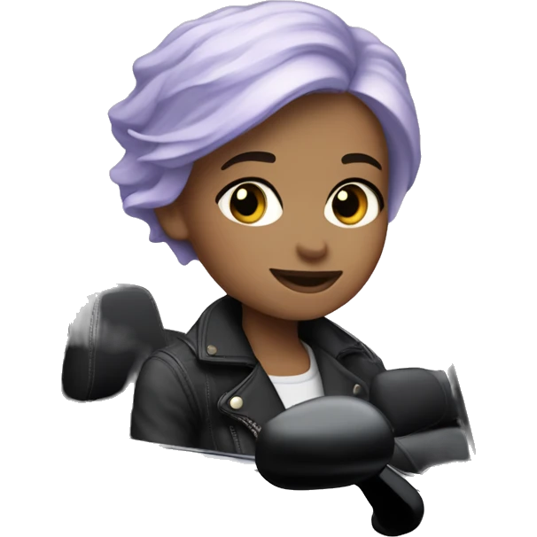 a girl with short silver, lilac hair, fair skin blue eyes drives a black-convertible mini cooper emoji