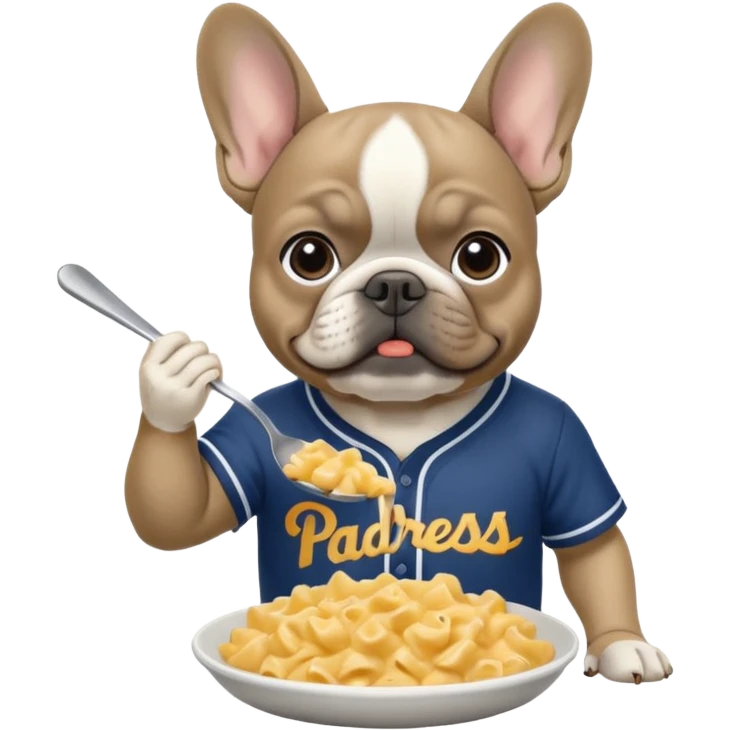 Grey French bulldog eating Mac and cheese wearing a padres baseball shirt emoji