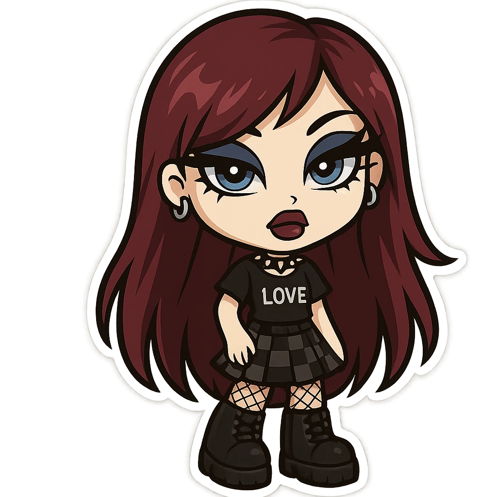 bratz-inspired emo girl, burgundy long hair, pale skin, blue eyes, dramatic eyeliner, alternative fashion emoji