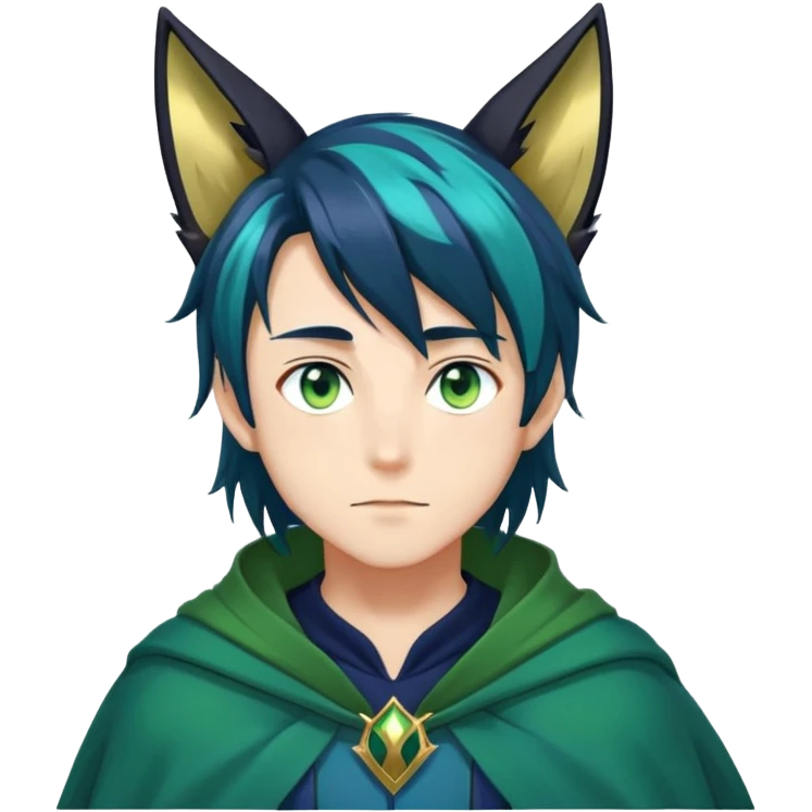anime man with straight long dark-blue-black-gradient hair with light-green stripes in it, long black fox ears, hazel-gradient-brown-turquoise eyes, gold earring, dark-blue-sweater, green cape,  emoji