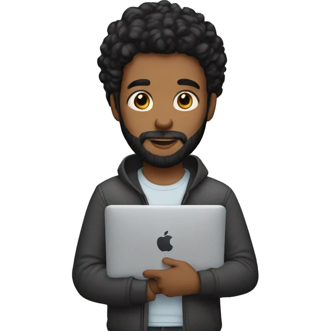 young man with black beard an long hair and a macbook in her hand emoji