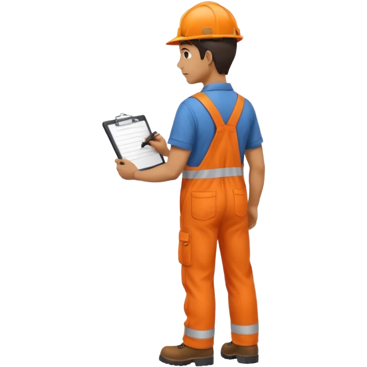 Indian male railway engineer orange overalls, boots holding a clipboard back view emoji