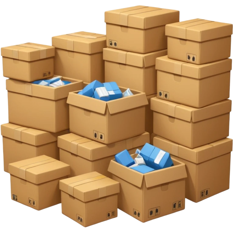 Generate a realistic emoji-style of a overfilled storage room where the packages dont have much space and everything seems chaotic emoji