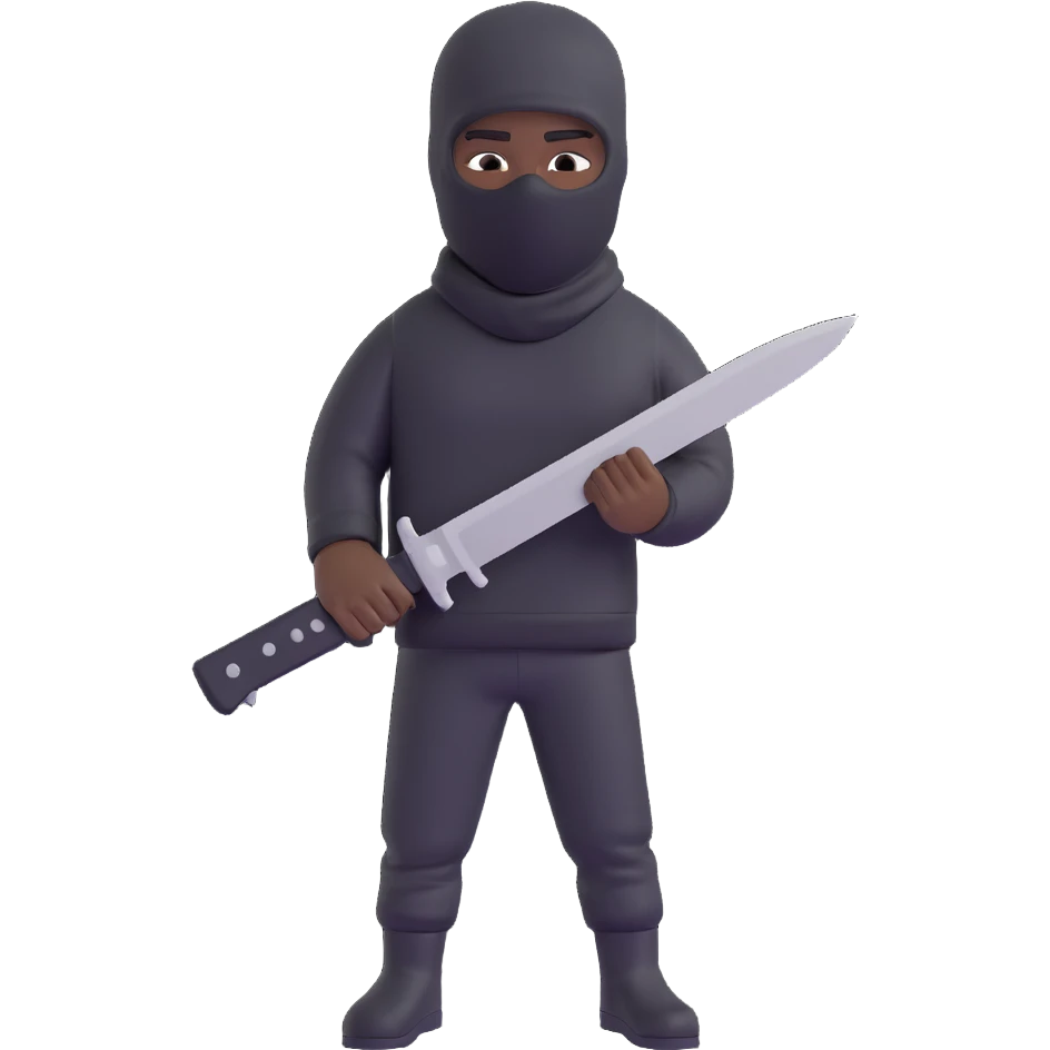 Black person with English appearance wearing a Trapstar balaclava, holding a black machete knife emoji