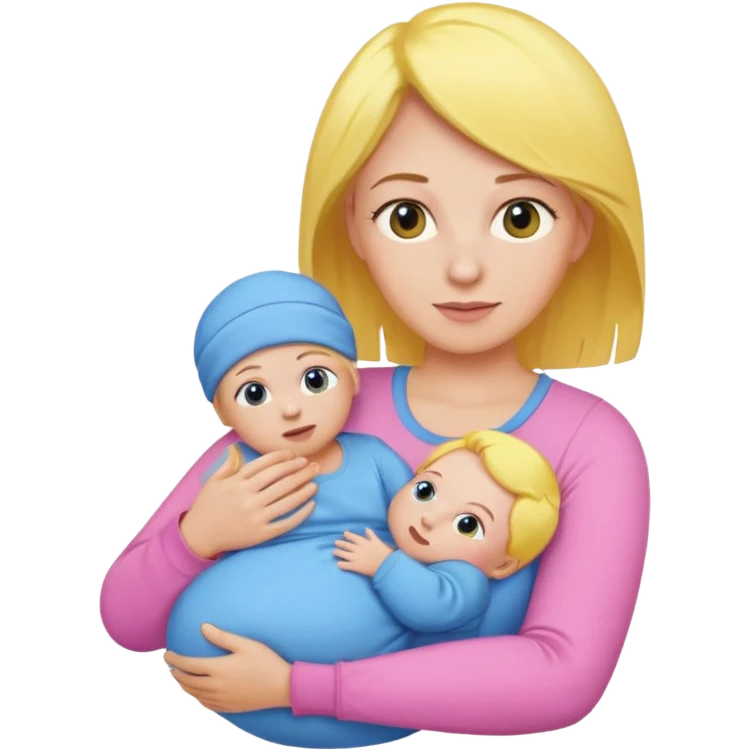 mother with yellow hair and pink top holding baby in blue outfit, emoji style emoji