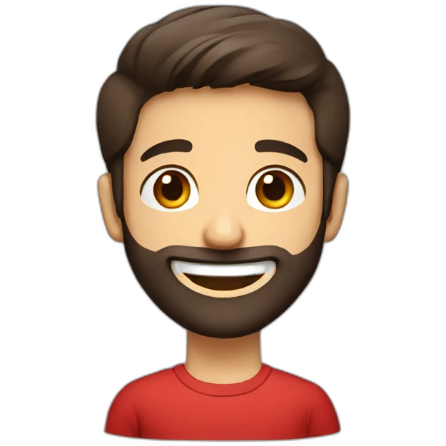 italian boy with red shirt, defined beard and dark brown short straight hair smiling with teeth emoji