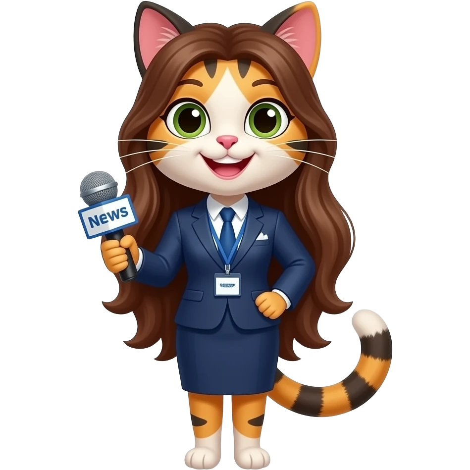 smiling extremely long-haired female calico cat news reporter emoji
