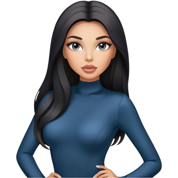 Glamours, tanned, very beautiful girl, with big pump peach-beige-rose lips, long long lashes, black straight smooth silky long hair, straight parting hair, blue-grey eyes in black long-sleeves bodysuit emoji