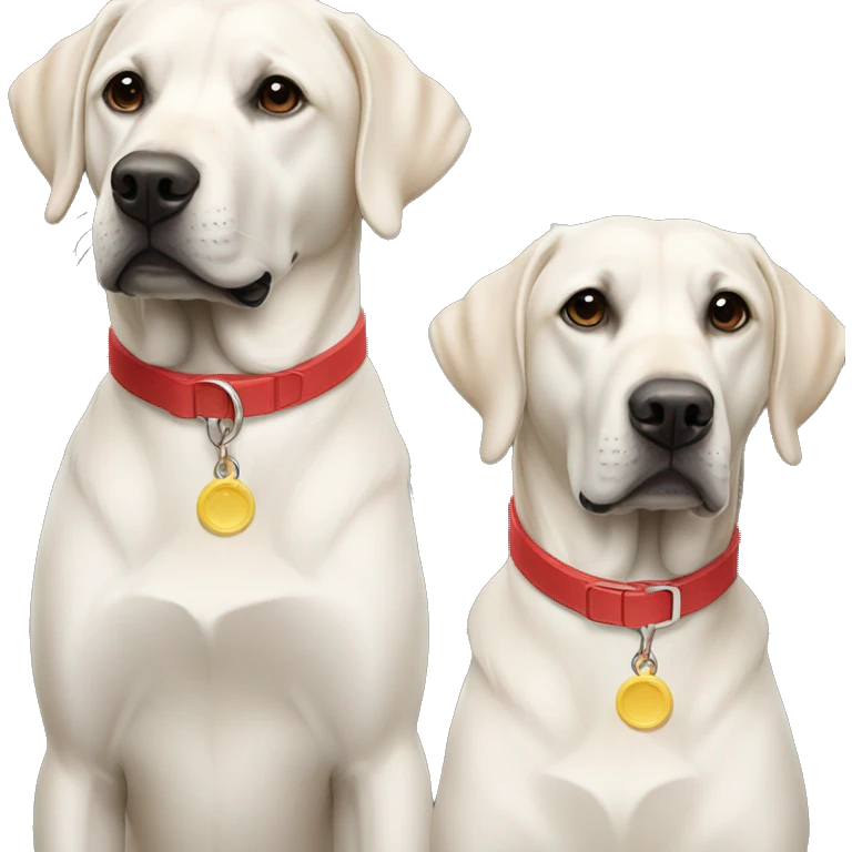 2 labradors, colour black. one on the left smaller. The dog on left with a light blue collar. dog on right with red collar. emoji