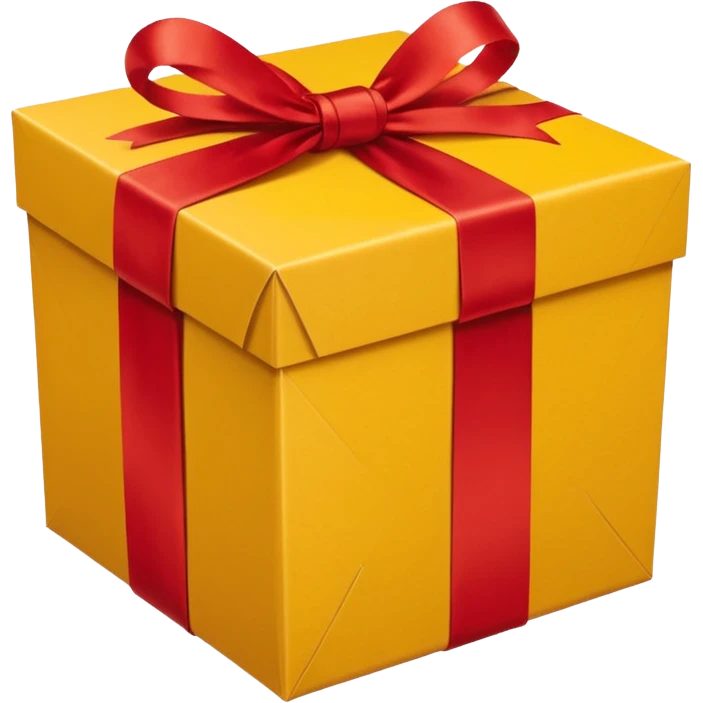 box with yellow wrapping paper and a length of red ribbon surrounding it on the ground so you can see most of the box's cardboard emoji