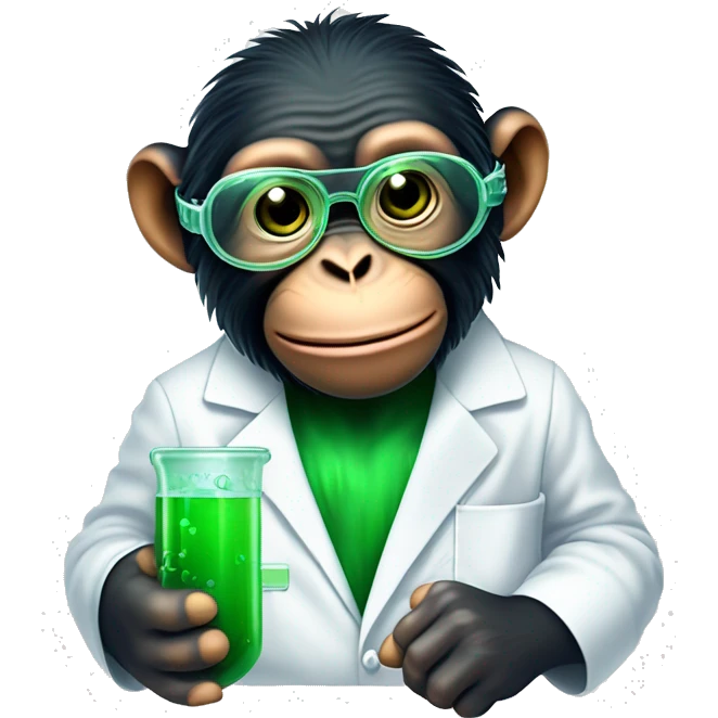 Chimpanzee wearing safety goggles and a lab coat while holding a vile of green liquid and rubbing his chin curiously emoji