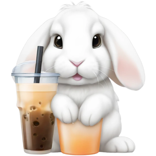 White mini lop rabbit drinking boba tea emoji