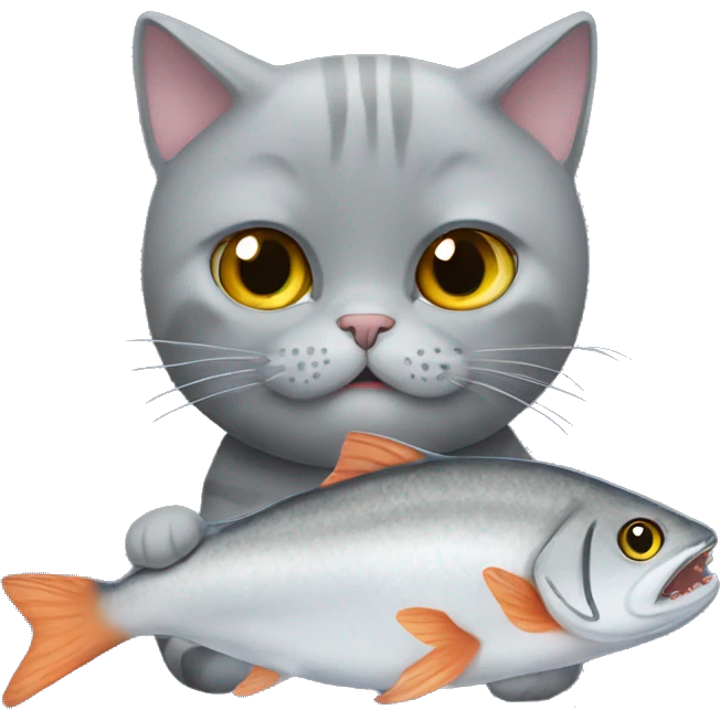 Grey British shorthair cat eating a fish emoji