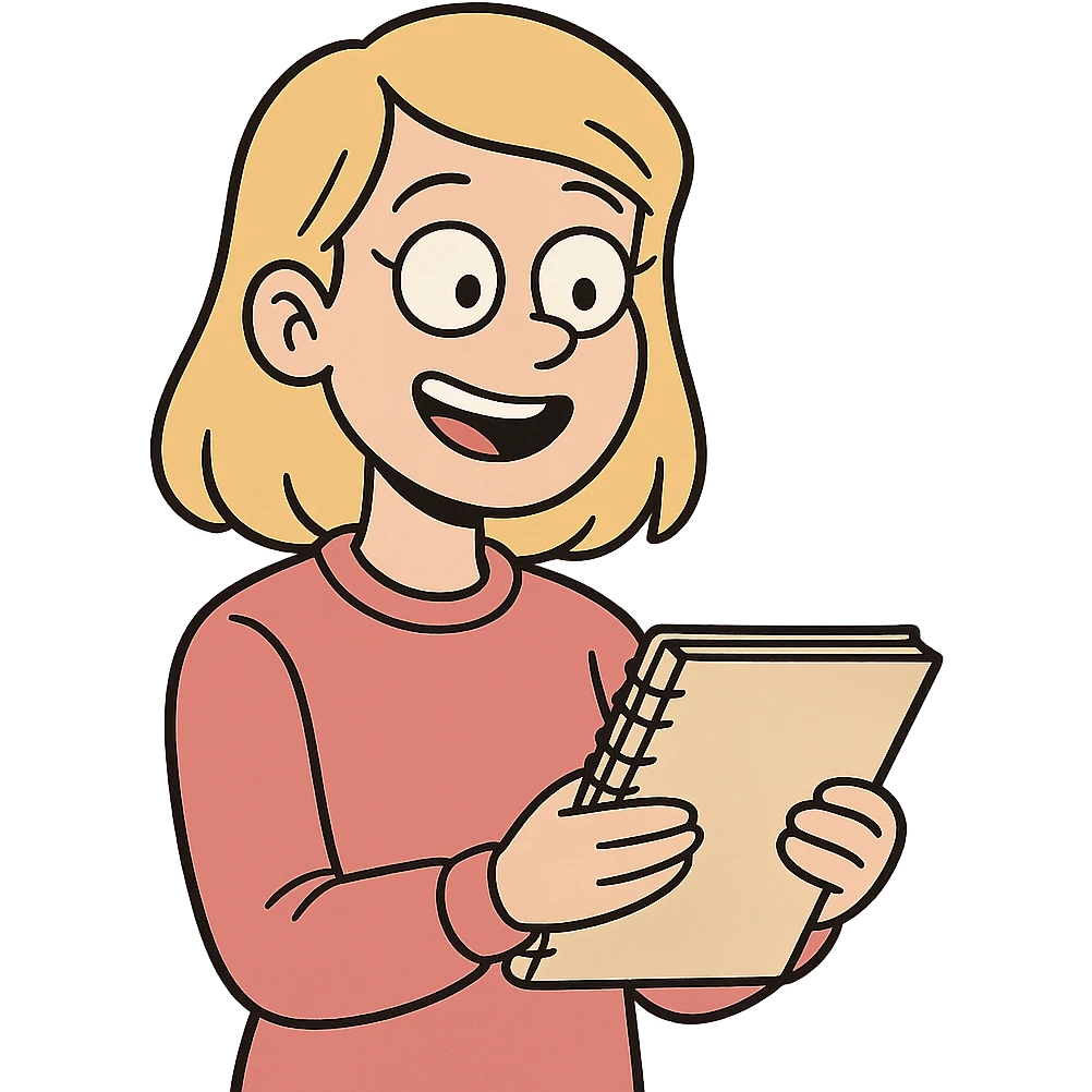 A blonde girl wearing a pink sweater, holding a notebook in her hands, smiling emoji