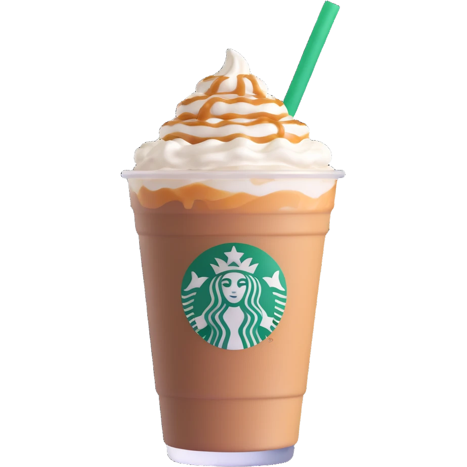 Starbucks iced latte in plastic cup with whipped cream and caramel drizzle emoji