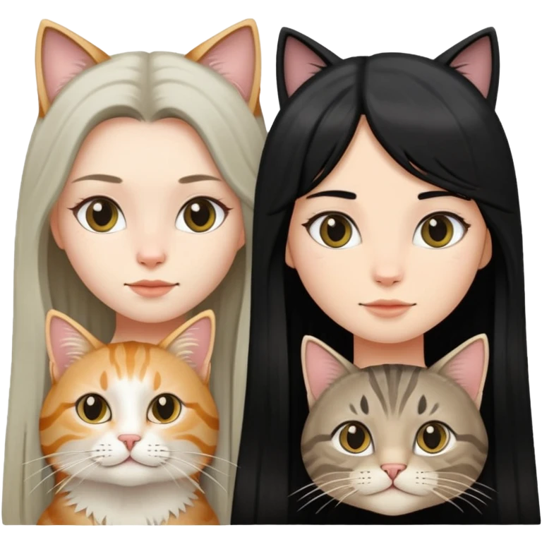 a long haired tabby cat and A girl with long black hair and an oval face  emoji