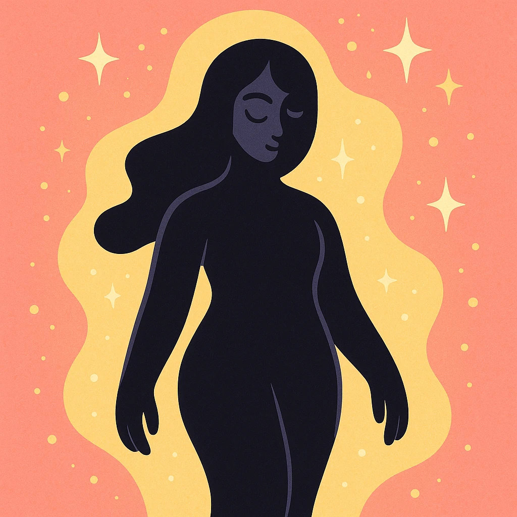 silhouette of a figure with flowing curves, radiating stillness and mystery, surrounded by shimmering energy emoji