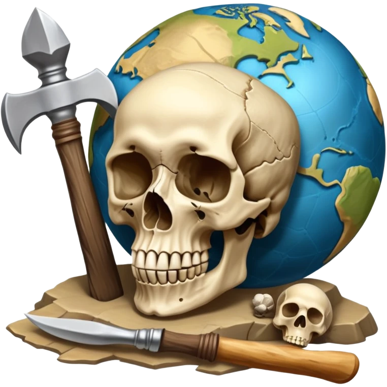 An icon featuring a human skull and fossilized bones, symbolizing the study of anthropology. The design includes archaeological tools like a pickaxe and brush, with a background of ancient artifacts and a globe. Transparent background emphasizes the exploration of human history and evolution. emoji