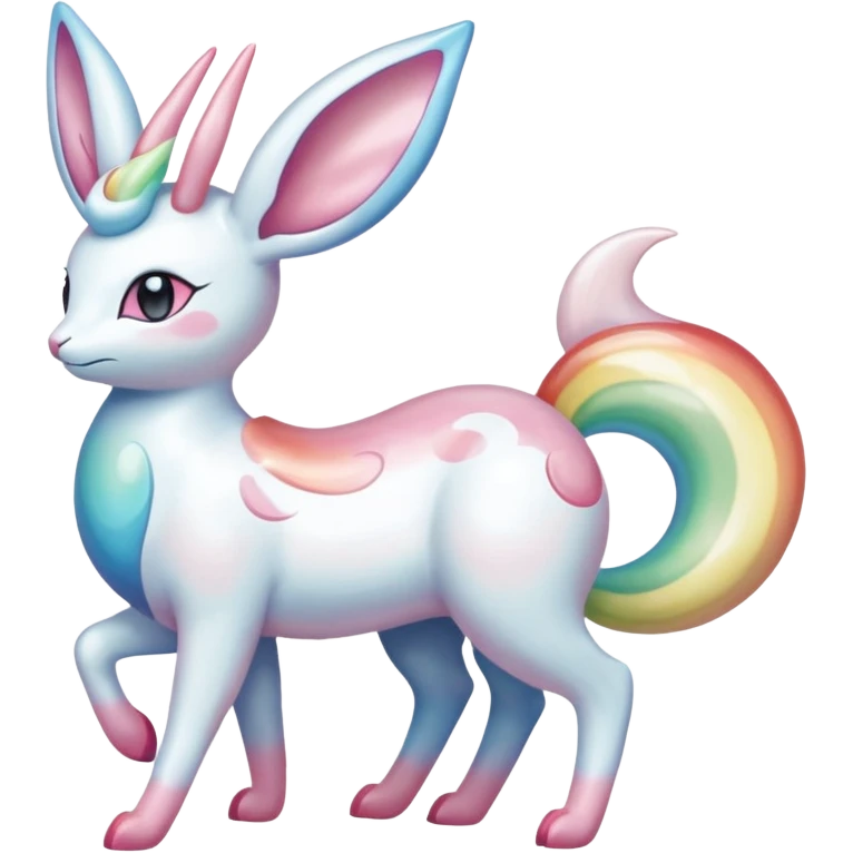 Pearlescent Milky-White Opalescent Rainbow-Tinted Soft-Glowing Celestial Sylveon-Milotic-Cresselia-Fakémon-creature (full body) emoji