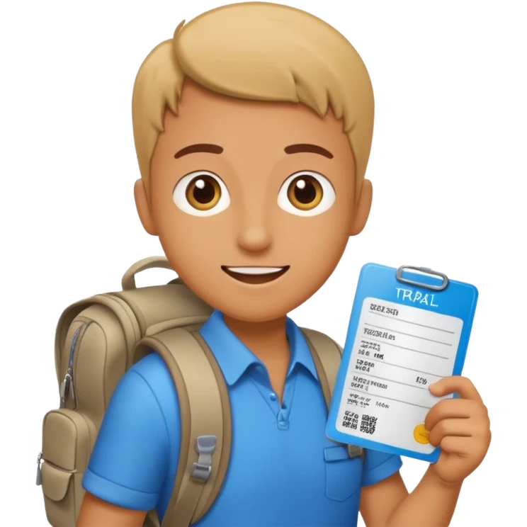A person with a backpack and a boarding pass, asking for travel duty flight, bright and cheerful emoji