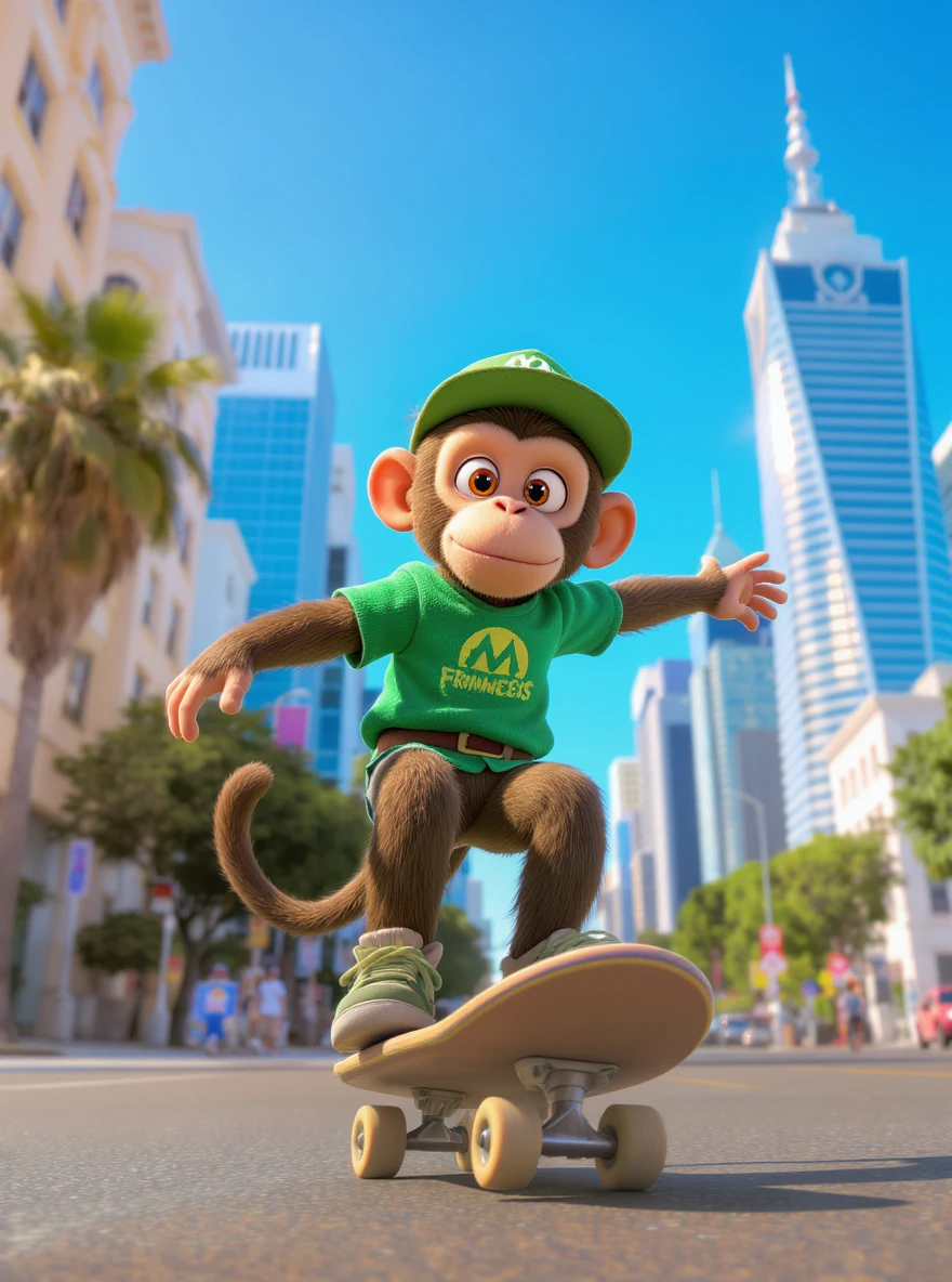 Disney style Cinematic still scane, Low angle shot, monkey dress in green outfit, monkey ride on skateboard, san francisno downtown with city lanscape, blue clean sky, captured by ARRI Alexa XT, soft cinematic lightning, back light, inspired by ToyStory 4 emoji
