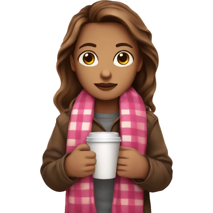 brown hair light skin brown eyes , with a plaid pink blanket and a coffee in hand emoji