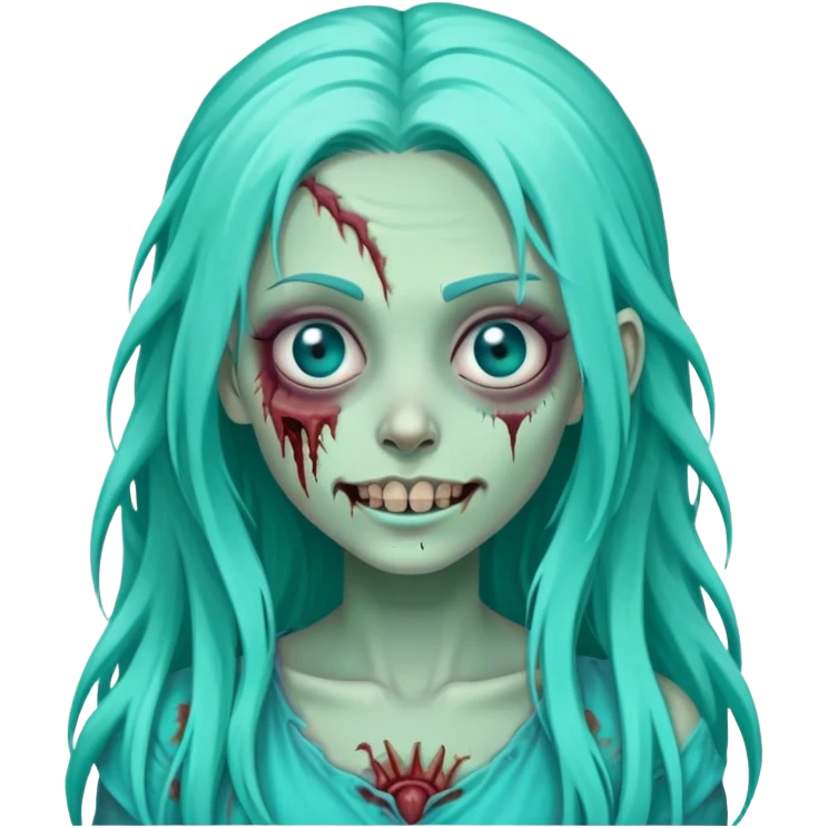 zombie girl with long turquoise hair, one eye missing, creepy smile, cute undead character emoji