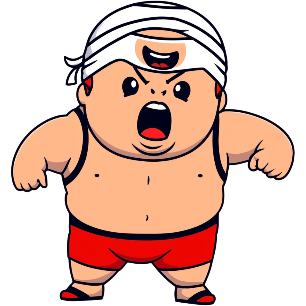 Extreme close-up of face of morbidly obese white skin guy with young face, prominent BLACK DURAG tied clearly on head, black beard but no mustache, clean shaven upper lip, black eyes in a red and black wrestling singlet with mouth wide open screaming angrily emoji