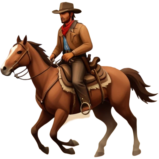 An icon representing an adventure game, inspired by Red Dead Redemption II. The design features a rugged cowboy riding a horse through a vast, open landscape with mountains, deserts, and wild animals. The atmosphere conveys exploration, action, and the thrill of the journey. Transparent background emoji