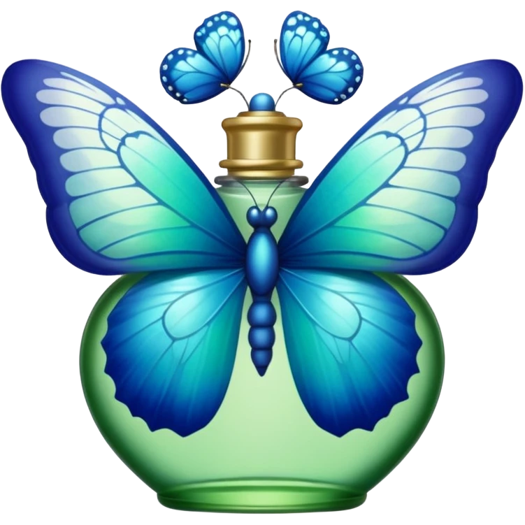 blue butterfly resting on the top of a green perfume bottle decorated with lace emoji