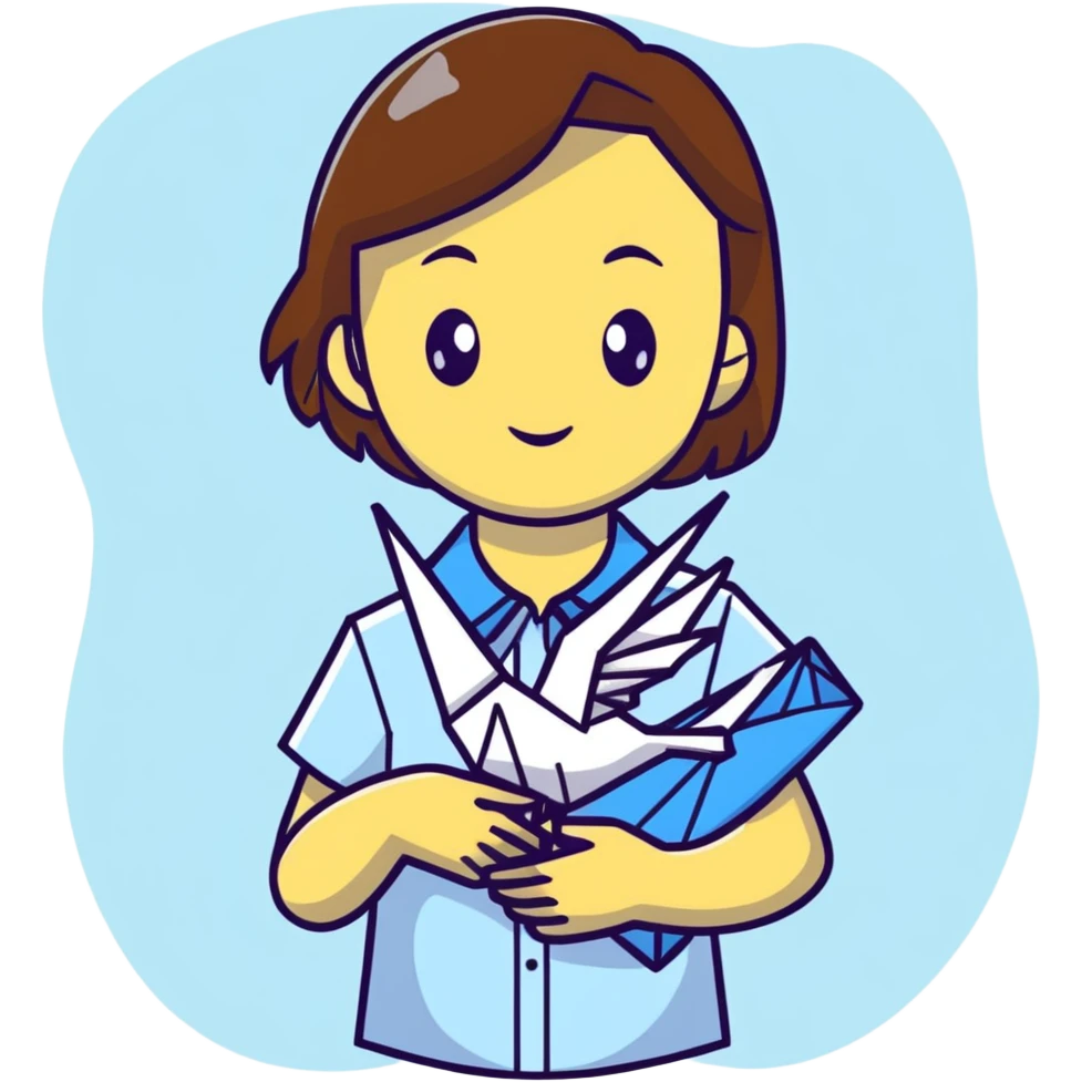 Ukrainian young girl with brown hair wearing a white embroidered shirt holds an origami yellow-blue crane emoji